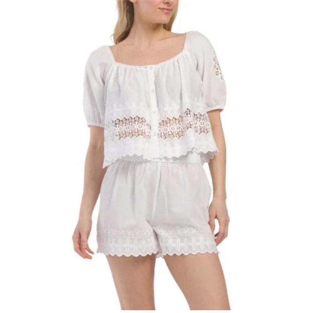 NWT Calypso St. Barth WHITE COTTON BEACH/lounge matching short set COORD